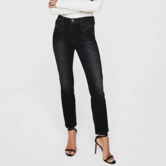 New AG Seamed Isabelle High Rise Straight Crop Jeans in Black Wash size 25